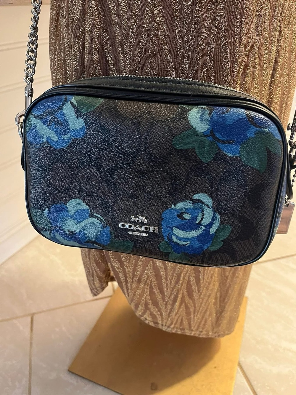 Coach Black Signature Crossbody with Blue Floral Print